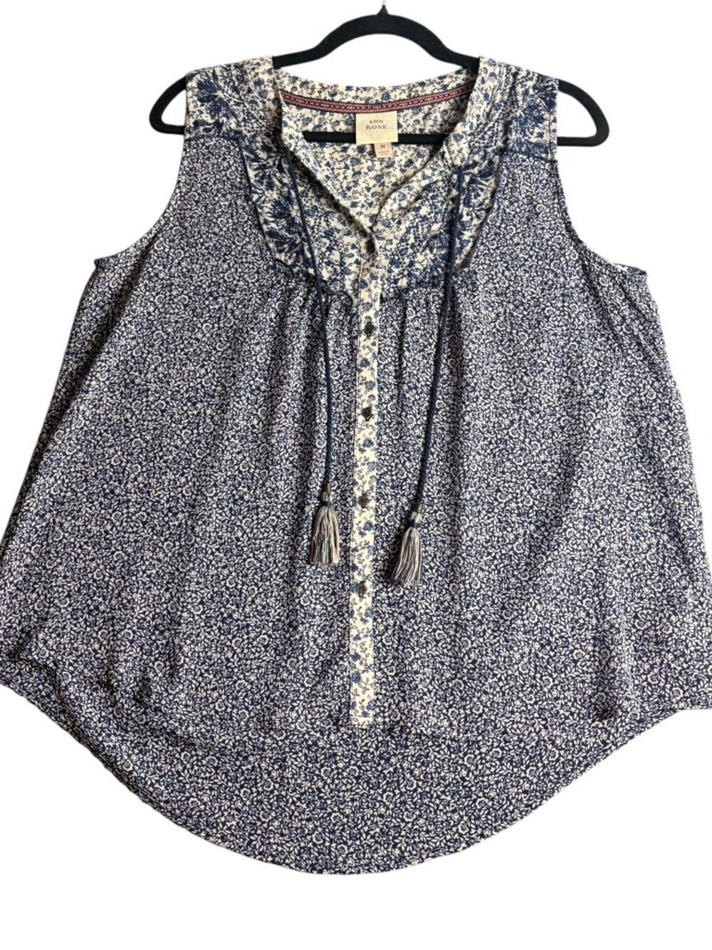 Knox Rose Size M Semi Sheer Floral Button Front Sleeveless Tank Top Boho Blue